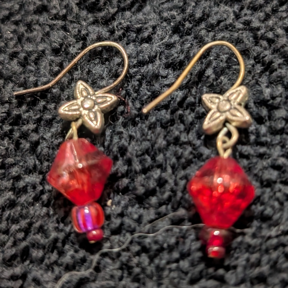 Gold Tone Red Crystal Flower Dangle Drop Earrings Statement Jewelry